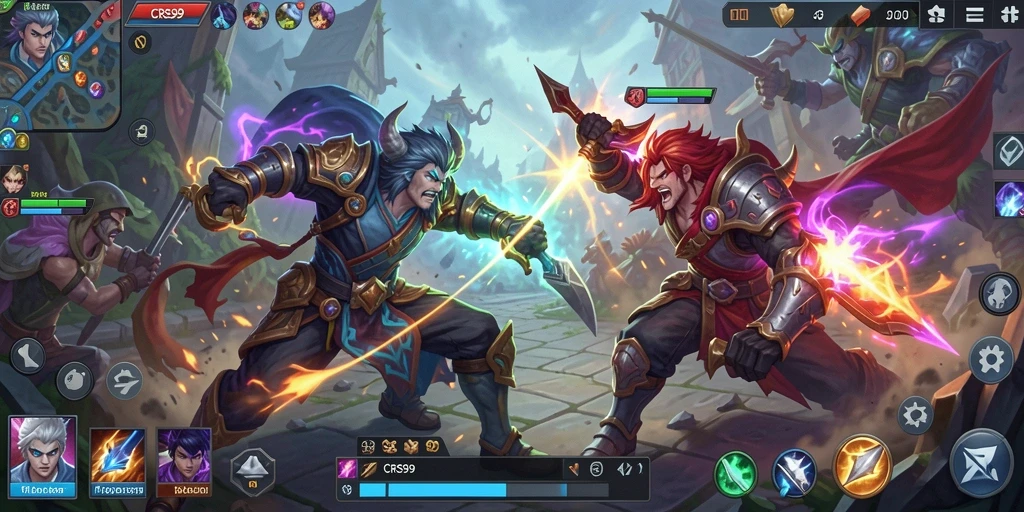 Screenshot CRS99 menampilkan pertarungan seru karakter di arena MOBA.