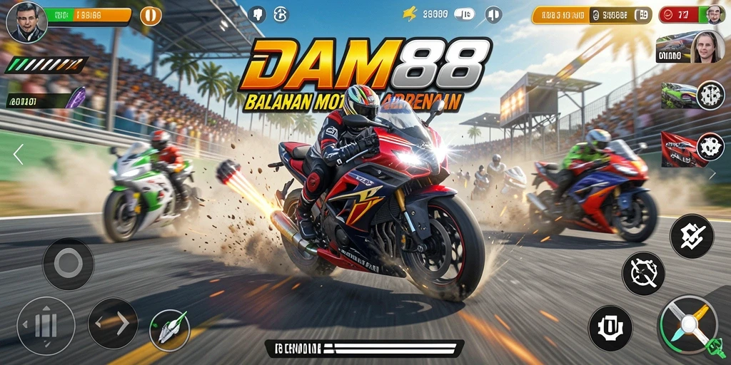 Screenshot utama gameplay DAM88 menampilkan balapan motor yang intens.