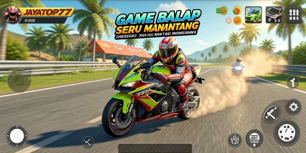Tangkapan layar gameplay JAYATOP77 menampilkan balapan motor yang mendebarkan.