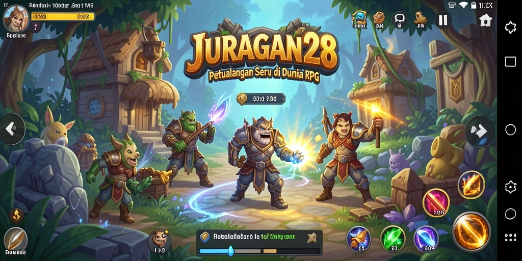 Tangkapan layar utama JURAGAN28 menampilkan aksi seru dalam gameplay RPG.