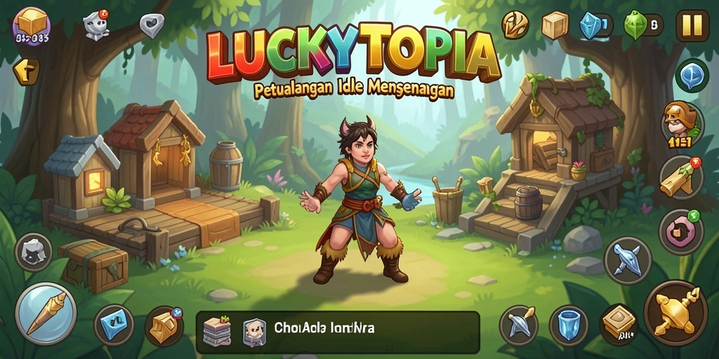 Tangkapan layar gameplay <strong>LUCKYTOPIA</strong> menunjukkan karakter dan lingkungan yang menawan.