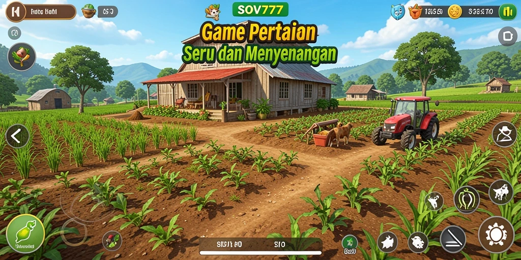 Gameplay SOV777 menampilkan panorama ladang yang subur dengan berbagai tanaman.